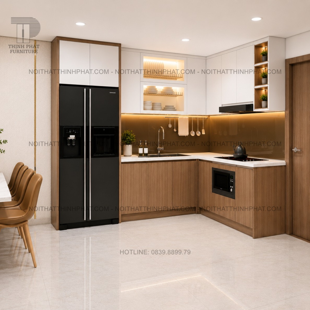 Tủ Bếp Chữ L Hiện Đại Phối Màu Trắng Và Vân Gỗ TB02